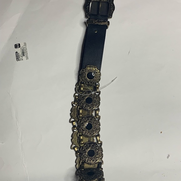 Paulith Vintage Marked Metal Conchos - Black Leather Ladies Belt 35 Inches EUC - Picture 7 of 12
